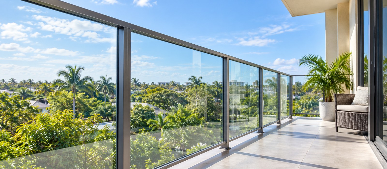 Illustration for Balcony Glass Cleaning in Saint Cloud, FL: balcony glass cleaning illustration showing transparent railing panels and metal posts