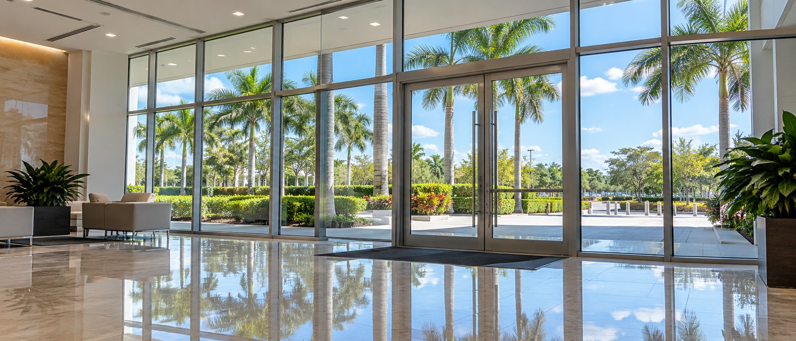 Illustration for Office Window Cleaning in Saint Cloud, FL: office window cleaning illustration showing clean lobby glazing and entrance doors