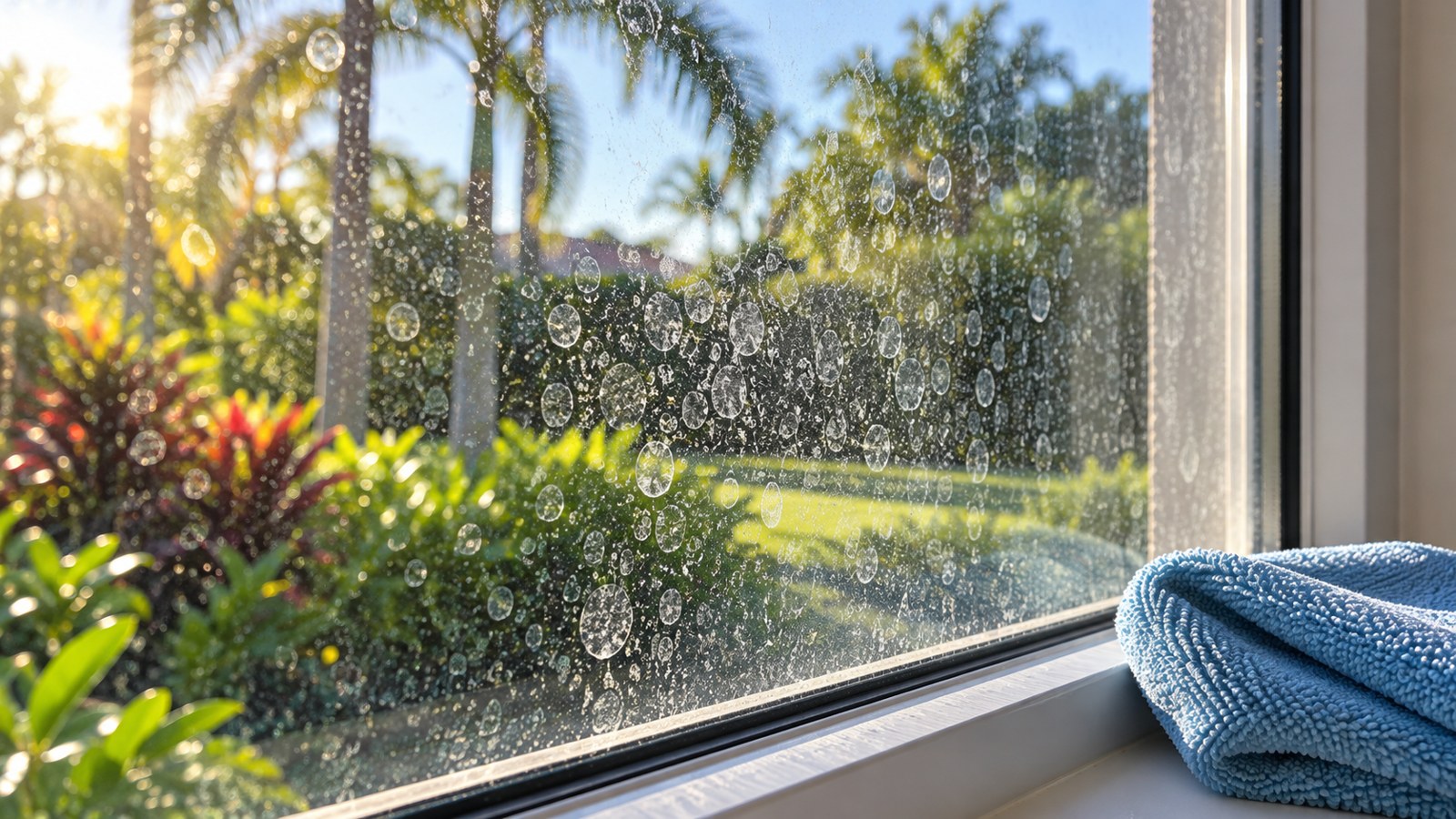 Illustration for Hard Water Stain Removal in Saint Cloud, FL: mineral spots on a residential window pane