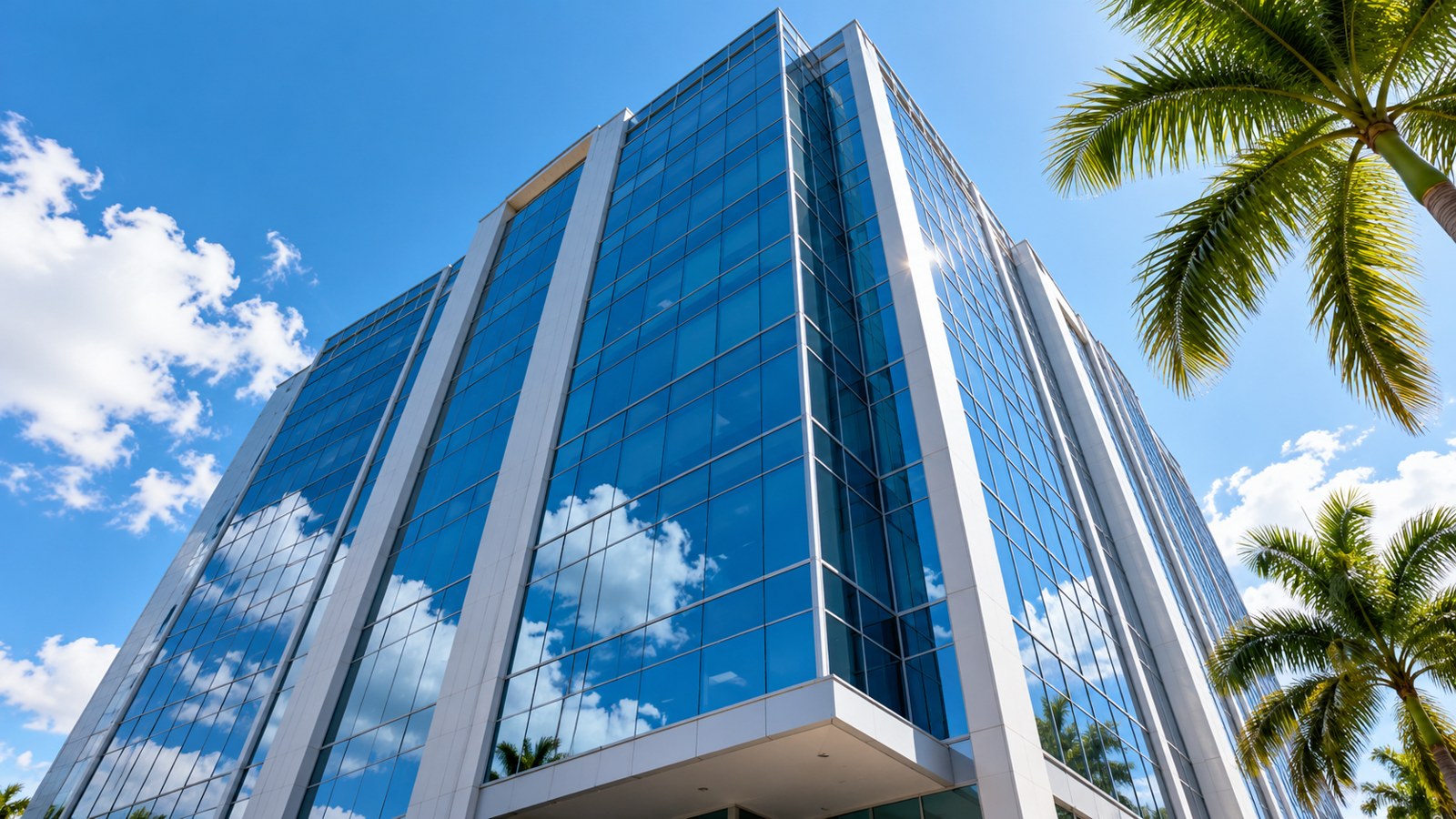Illustration for High-rise Window Cleaning in Saint Cloud, FL: high-rise window cleaning illustration showing a tall glass building facade