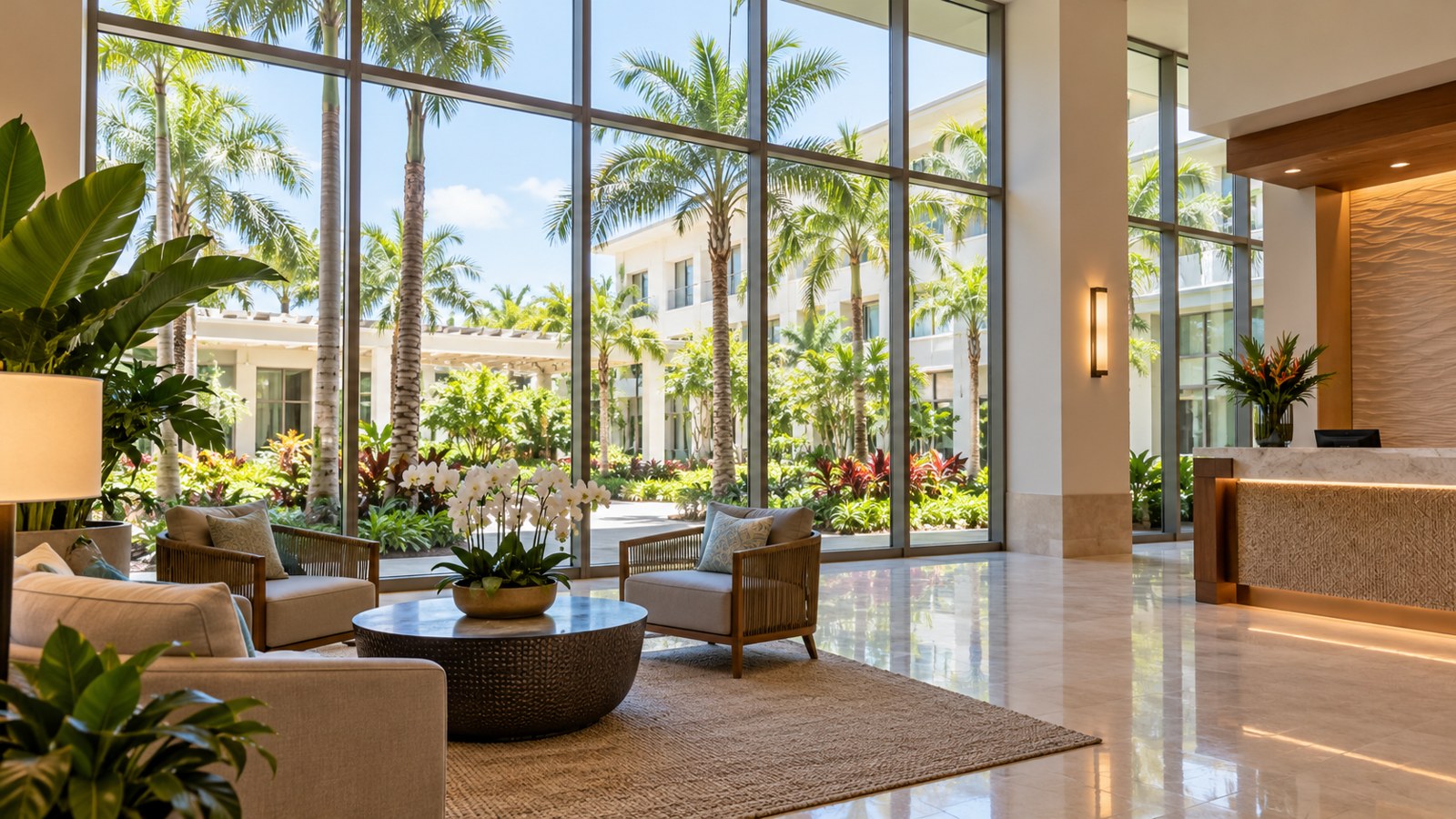 Illustration for Hotel Window Cleaning in Saint Cloud, FL: lobby windows overlooking a courtyard