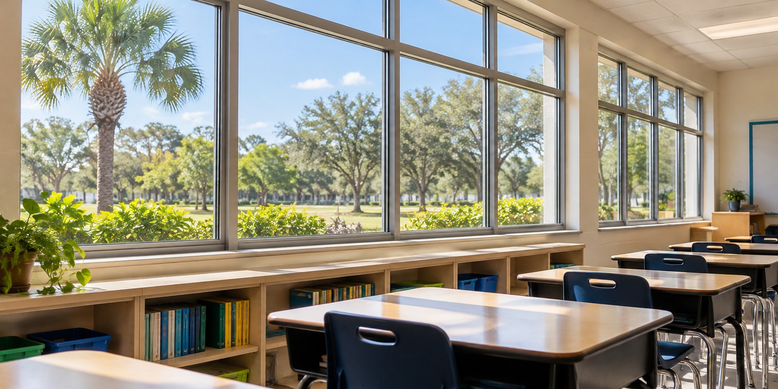 Illustration for School Window Cleaning in Saint Cloud, FL: classroom windows beside empty desks