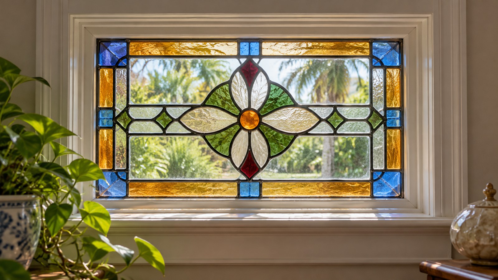 Illustration for Stained Glass Cleaning in Saint Cloud, FL: stained glass cleaning illustration showing a decorative leaded window panel
