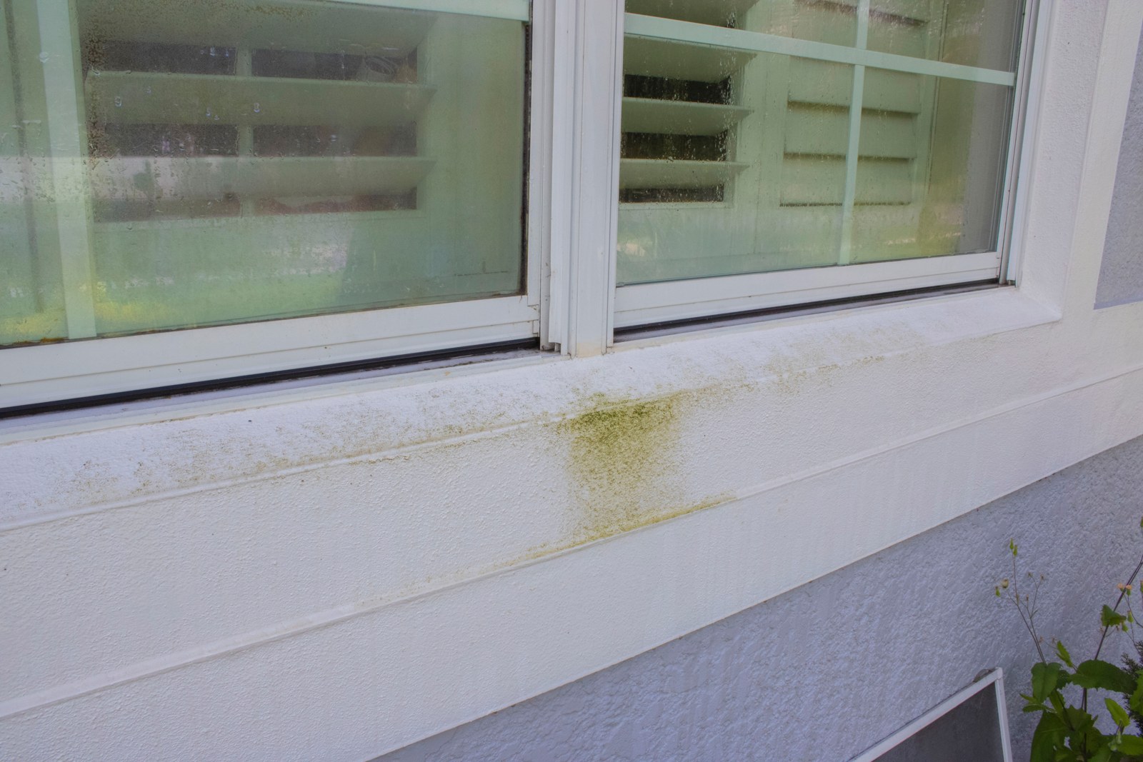 Window Frame Cleaning in Saint Cloud, FL: close view of dirt on a white sill and frame